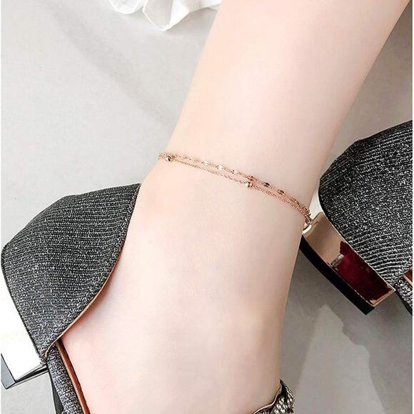RoseGold Ankle Bracelets for Women - Adjustable Layered Anklets - RoseGold Plate - Picture 4 of 8